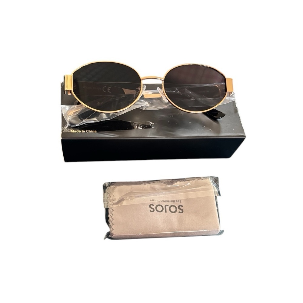 Retro Y2K Oval Metal Gold Sunglasses For Women Men Grey Lenses Cleaning Cloth